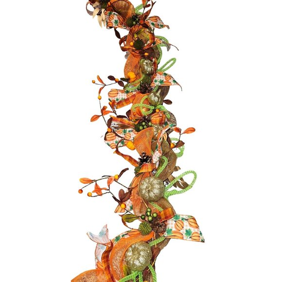 6' Fall Leaf and Pumpkin Handmade Garland with Brown, Orange and Green Ribbon - Picture 2 of 8